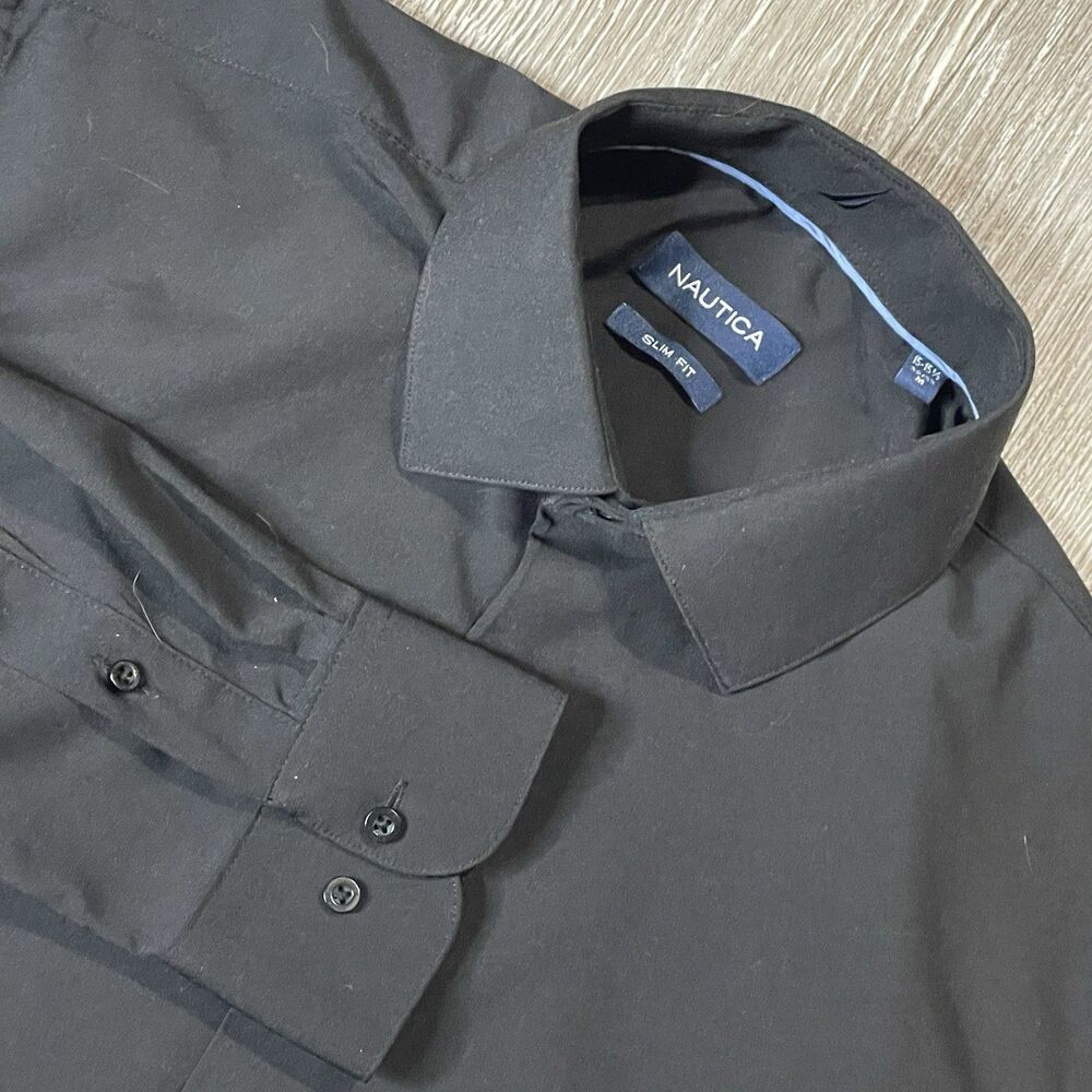 Nautica Black Slim Fit Dress Shirt M 15-15.5 32/33 Long Sleeve Button-Up